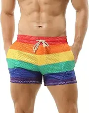 [DTODWW] Mens Workout Shorts Rainbow Stripe Mesh Shorts 3 Inch Men Running Shorts Breathable with Pockets for Athletic Gym