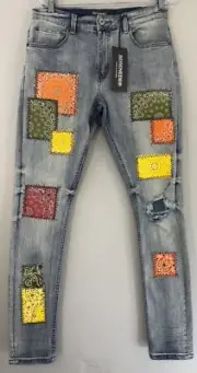 Serenade Jeans Men’s 32 Bandana Patched Distressed Stretch Denim NWT