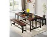 55 Inch Dining Table Set for 4-6 with Benches - Rustic Brown
