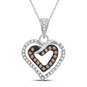 14k White Gold Round Brown Diamond Double Heart Pendant 1/4 Cttw