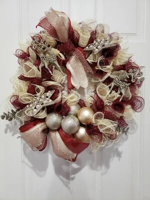 Christmas Wreath Deco Mesh Burgundy and Gold Holidays Deer Stars Pearl's Pretty