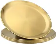 Usinynia 4 Pack Stainless Steel Plates, 20CM Gold Metal Salad Snack Plate Unbreakable Dinner Plates, Food Serving Platter Round Appetizer Dishes for Camping, BBQ, Home,Wedding