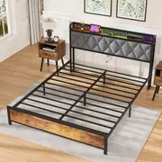 Advwin Bed Frame Queen Size Mattress Base with Charging Station and RGB LED Lights Metal Bed Base with USB Ports Storage Headboard Shelf