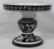 BLACK & OFF-WHITE FLORAL PATTERN PORCELAIN PEDESTAL STAND 7.25"TALL NEW WITH TAG