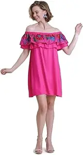 [Umgee] Women's Embroidered Ruffled Off The Shoulder Dress, Fuchsia