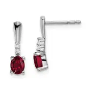Solid 14k White Gold Oval Created Simulated Ruby and CZ Dangle Earrings