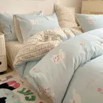 可愛的貓咪印花奶油色床包組 100%純棉床單 床罩組 單人 雙人 加大床包四件組 被單 可愛卡通床組