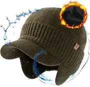 [TOP-EX] Waterproof 80% Merino Wool Peaked Beanie Hat with Ear Flaps Winter Warm Fleece Lined Newsboy Baker Boy Hats for Cold Weather -Unisex Style 55-66CM