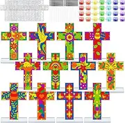 24 Set Religious Cross Suncatchers Craft Kits Lent Christian DIY Painting Crosses with Stand Easter Spring Acrylic Cross Art Suncatchers for Kids Jesus VBS Sunday School Classroom Home Activity Church