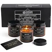 MAKE LIFE EXCLUSIVE Set of 3 4oz Scented Candles for Men Gift | by The FIRE Woodwick Crackling Masculine Scent Manly Tobacco, Fire & Mahogany Teakwood Soy Home Bachelor Pad Unique