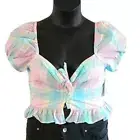 Abound Pink Teal Adley Peasant Plaid Top with front tie size Medium