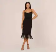 Aidan by Adrianna Papell Fringed-Hem Midi Sheath Dress Women's 6 Black Back Zip