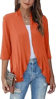 [Bluetime] Women's Casual Lightweight Open Front Cardigans Soft Draped Ruffles 3/4 Sleeve Cardigan (S-3XL)