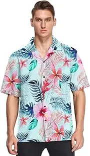 [GuoChe] Hawaiian Casual Button Shirts for Men Short Sleeve Tropical Floral Pink Blue Sports Camisetas para Gym Hombre