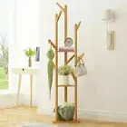 Simplistic Bamboo Free Standing Coat Rack Stand Hat Umbrella Hanger Hook Shelves