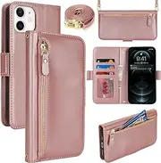 Cavor for iPhone 12/12 Pro Case Adjustable Crossbody Wallet with Card Holder Kickstand Long Shoulder Lanyard Wrist Strap PU Leather Magnetic Flip Cover Phone Zipper Pocket-Rose