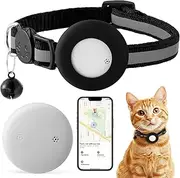Cat Tracker Collar Breakaway - Tracking Pet Collar with Finder Tag, No Monthly Fee, Compatible with Apple Airtag Find My (iOS Only), Reflective Strip Design with Bell(Black)