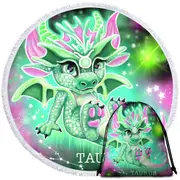 Green Sparkling Taurus Lil Dragon Round Beach Towel