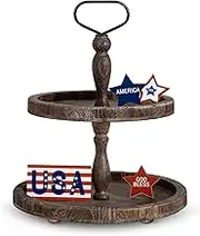 Mustry Rustic Wooden 2 Tiered Tray, Round Farmhouse Kitchen Table Decor Serving Tier Tray, Food Fruits Cupcake Display Coffee Bar Home Party Seasonal Decorations (Brown)