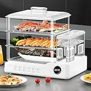 Digital Glass Steamer 1.5l with 2-Tier Digital Steamers with 12h Booking, 12 Modes Fast Heating Vegetable Steamers for Veggies, Meats, Rice