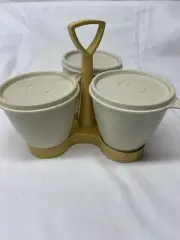 Vintage Tupperware 7 Piece Salad Dressing Containers,w/lids, Gold Color,holder
