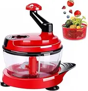 GUDAJIN Multifunctional Manual Food Processor, Kitchen Meat Grinder Vegetable Chopper, Manual Crank Chopper with Transparent Container for Vegetables, Fruits, Meat, Salad Foods (With Base) (Red)