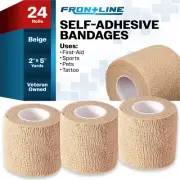 24-Rolls Self Adhesive Bandage Wrap, Vet Tape, Medical Tape (2 In x 5 Yds) Beige