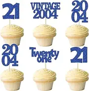 Gyufise 24Pcs 21st Birthday Cupcake Toppers Glitter Twenty-one Vintage 2004 Cheers to 21 Cupcake Picks Birthday Cake Decorations for Happy 21st Birthday Anniversary Party Supplies Deep Blue