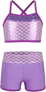 [TiaoBug] Child Girls Activewear 2 Piece Sequins MermaidTank Top & Shorts Set Gymnastics Ballet Dance Wear