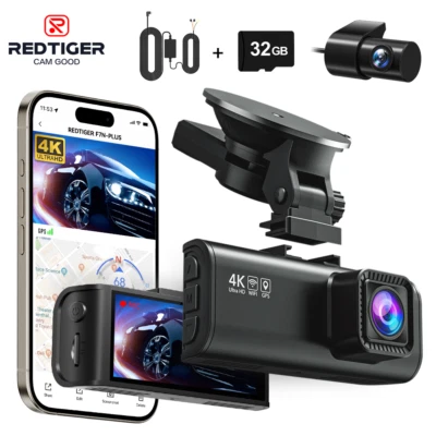 REDTIGER Front and Rear 4K Dash Cam Wifi Dual Dash Camera With Hardwire Kit