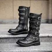 Men Buckle Decor Front Motocycle Boots, Anti-skid High-top Boots With Side Zippe
