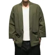 Faxikio Open Front Cardigan Jacket Mens Large Linen Army Green New