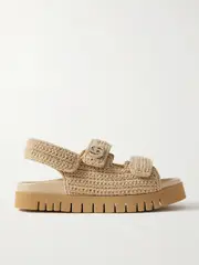 [Gucci] Gucci - New Marmont Leather-trimmed Embellished Crocheted Cotton Platform Sandals - Neutral - IT39 IT 39 Neutrals
