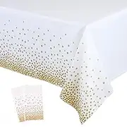 2 Pack White and Gold Tablecloth for Rectangle Tables Gold Dot Disposable Tablecloths Plastic Tablecloth Party Table Covers for Birthday Thanksgiving Christmas Wedding Outdoor BBQ (White, 54" x 108")