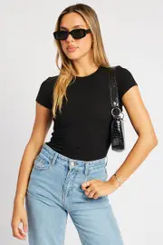 Black T Shirt Short Sleeve Crew Neck Modal - Size XXS, Women's T-shirt