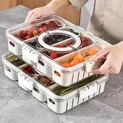 Fohouse 2pcs Divided Serving Tray with Lid, Refrigerator Organizer Bins, Divided Food Storage Container Fruit Vegetable Storage Bin w/ 4 Drain Basket for Fridge Pantry Freezer Snack Box for Candy Nuts