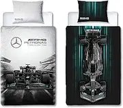Character World Mercedes AMG Petronas Official Single Duvet Cover Set, Skyline Design | Grey Reversible 2 Sided Formula One Bedding Cover Official Merchandise Including Matching Pillow Case