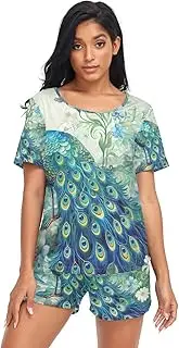 [RPLIFE] A Peacock with Many Bright Blue Feathers Shorts Pajamas Set for Women, Women Pajamas Summer Set, A Peacock With Many Bright Blue Feathers, X-Large