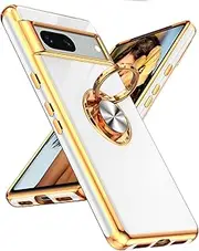 LeYi for Google Pixel 7 Case: 360° Rotatable Ring Holder Magnetic Kickstand, Plating Rose Gold Edge Protective Google Pixel 7 Case,White