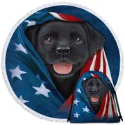 USA Flag Cute Black Labrador Puppy Round Beach Towel