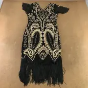 Fundaisy Women's Size Small Black & Gold Sequin Fringe 1920's Flapper Dress New