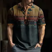 Men's Geometric Aztec T Shirt Henley Shirt Short Sleeve Designer Retro Vintage Trendy Street Casual Daily Summer Spring All Seasons Khaki Henley Henley T-Shirt