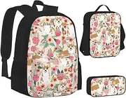 [ERCgad] Corgi Floral Flowers Spring Garden Print Canvas 3-In-1 School Bags Set Backpack Lunch Bag Pencil Case Combo For Men Women, Black, One Size