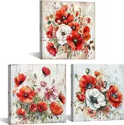 GLOKAKA 3 Panel Flower Wall Art Red Poppy Canvas Print Picture Red and White Poppies Flower Painting Colorful Floral Artwork for Bedroom Kitchen Living Room Decoration