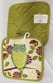 2 SAME KITCHEN PRINTED POT HOLDERS (7" x 7"), GREEN OWL, green back, AM