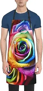 LHBWCVN Rainbow Rose Apron for Adults, Waterproof Cooking Aprons with 2 Pockets, Adjustable Bib Apron for Dishwashing, Long Kitchen Apron for Women Men Work Aprons for Dog Grooming, Black