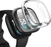 [HEYUS] (2 Pack) Protective Case Cover for Fitbit Versa 3 / sense, Full Body Screen Protector Case TPU All-Around Protective Ultra Clear Slim Soft Full Cover for Fitbit Versa 3/sense (Black+Transparent)
