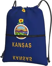 EdWal Kansas State Flag Print Drawstring Backpack Gym Bags Sports Bags With Zipper Pocket For Travel Swimming Beach, Black, One Size