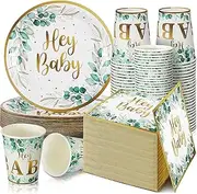 Skylety 200 Pcs Sage Green Baby Shower Plates Cups Napkins Sets Serves 50 Baby Shower Tableware Set Eucalyptus Disposable Dinnerware Set Gender Neutral Birthday Party Supplies