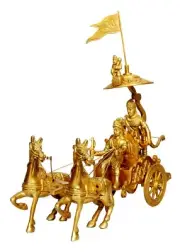 Brass Arjun Chariot with Krishna & Hanuman Showpiece Figurine Statue Golden